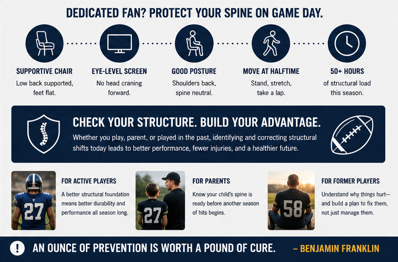 Game day spine tips for fans: supportive chair, eye-level screen, good posture, move at halftime, with structural care recommendations for active players, parents, and former players