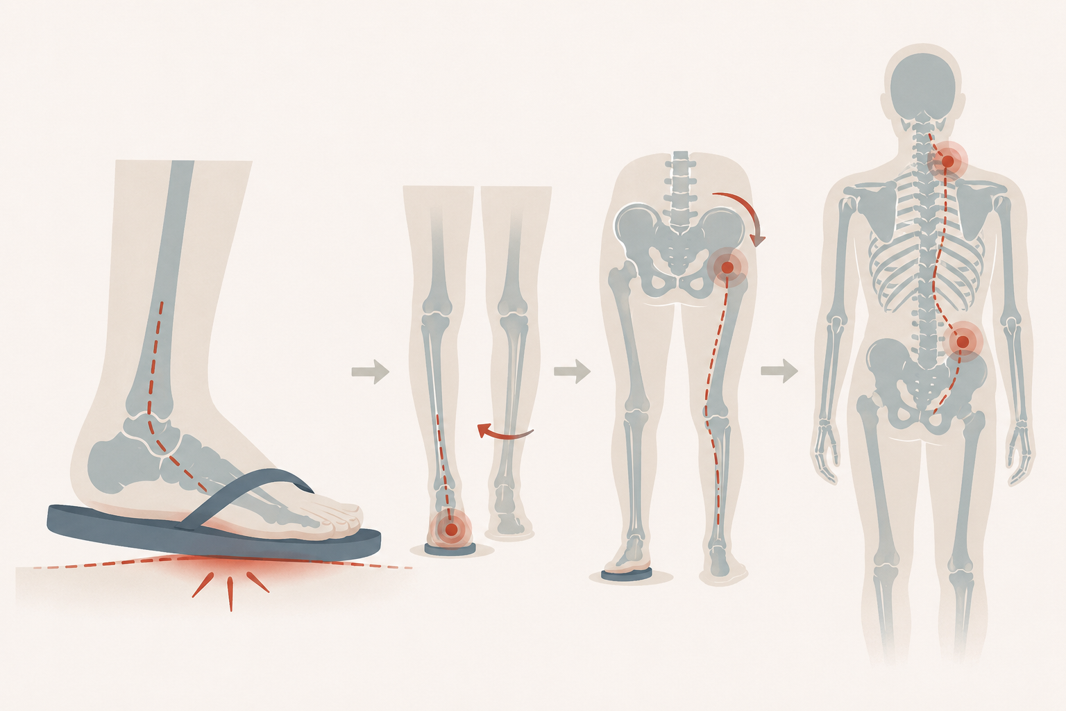 Illustration showing how flat flip flop wear causes arch collapse, ankle pronation, tibial rotation, pelvic shift, and spinal stress up the kinetic chain