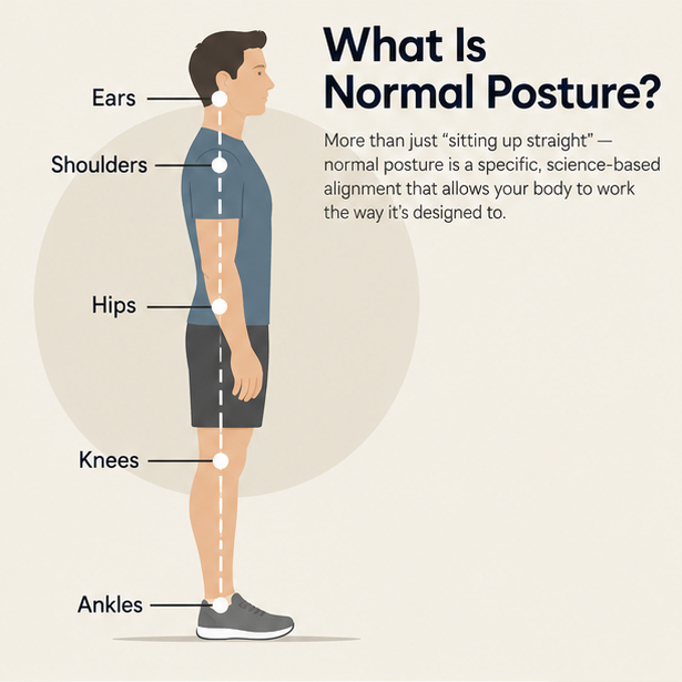 Side view of a man with a plumb line through the ears, shoulders, hips, knees, and ankles showing normal posture alignment
