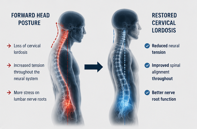 Forward head posture increases neural tension and lumbar nerve root stress versus restored cervical lordosis reducing tension