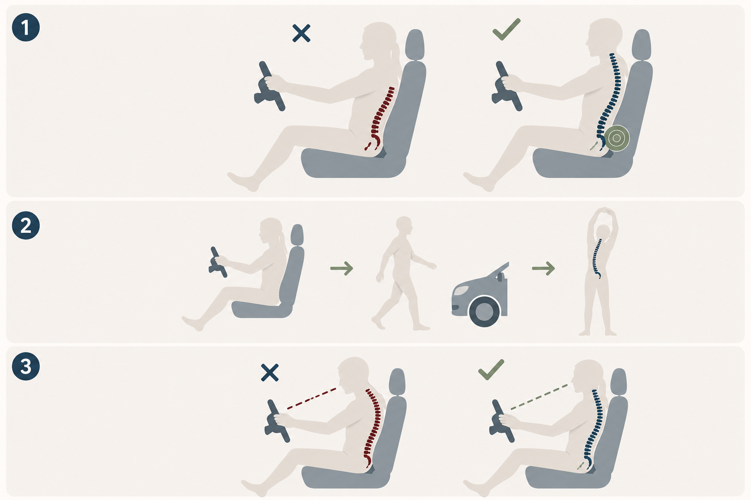 Three tips for protecting your spine while driving: lumbar support cushion, stopping to stretch, and proper seat distance from the wheel