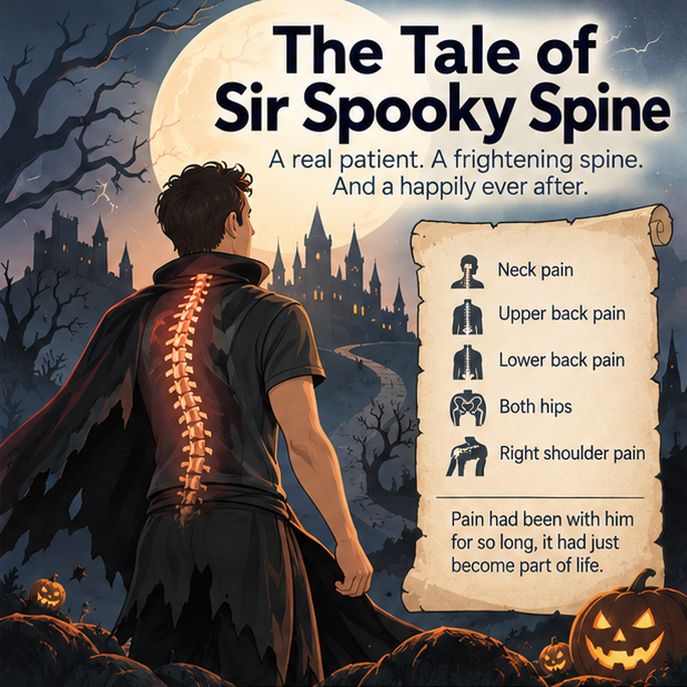 Illustrated man in a cape facing a castle at night with a glowing spine and a scroll listing neck, back, hip, and shoulder pain
