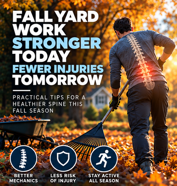 Man raking autumn leaves with a highlighted spine illustration and icons for better mechanics, less injury risk, and staying active
