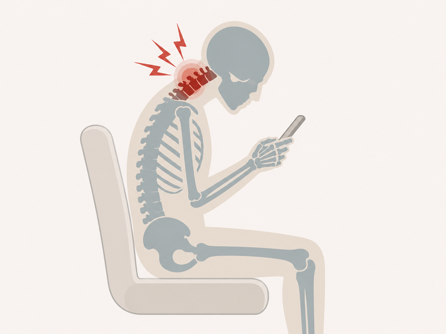Illustration of cervical spine stress and forward head posture caused by looking down at a phone