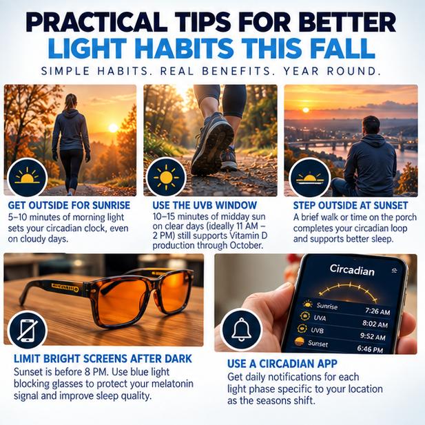 Six fall light habit tips including sunrise, midday UVB, sunset, limiting screens, blue light glasses, and a circadian app
