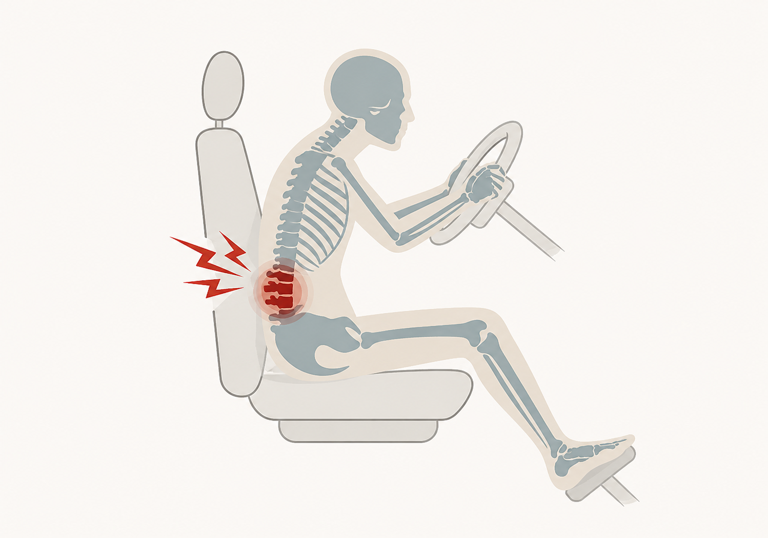Illustration of lumbar spine stress and disc compression during prolonged sitting while driving