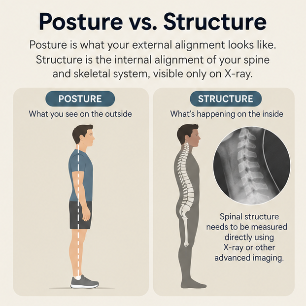 Comparison of external posture and internal spinal structure, with an x-ray inset showing structure must be measured with imaging