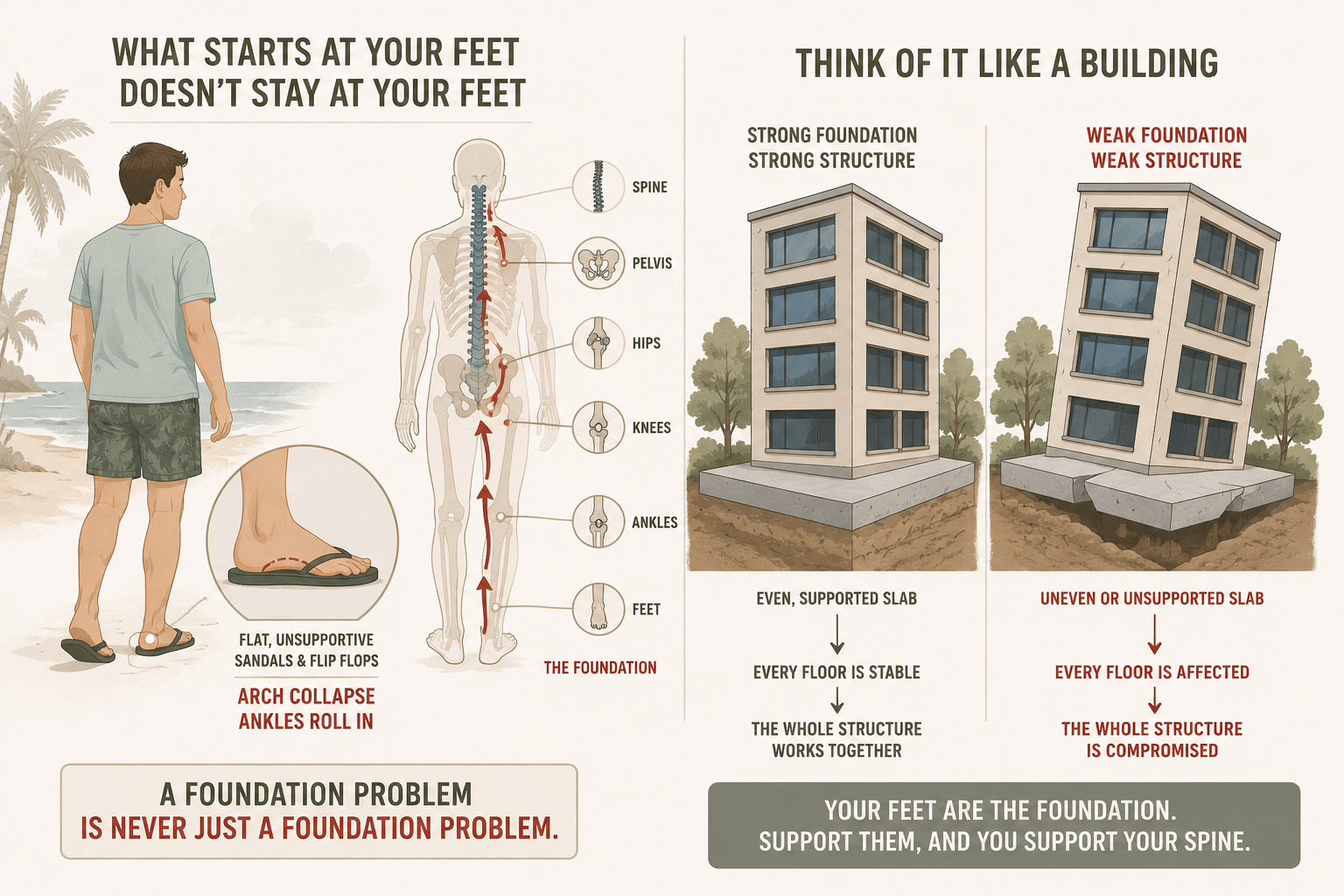 Infographic comparing foot and spinal structure to a building foundation, showing how arch collapse and ankle rolling creates instability up through the knees, hips, pelvis, and spine