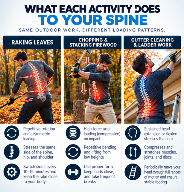 Three fall activities, raking, chopping firewood, and ladder work, with spine illustrations showing how each loads the spine differently