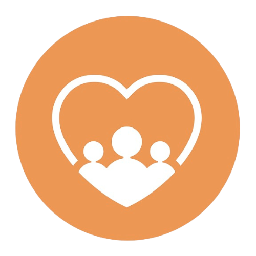 Icon with a heart outline and three people inside, symbolizing community or family support.