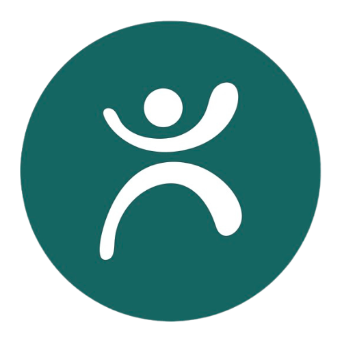 Icon of a stylized human figure with arms raised, inside a dark teal circle.