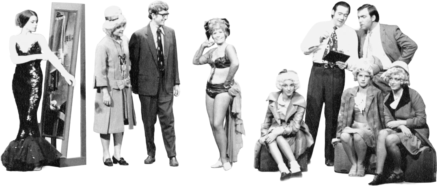 A group of nine people, mostly women and two men, dressed in vintage clothing, some standing and some sitting, in a black-and-white photo, likely from the 1950s or 1960s.