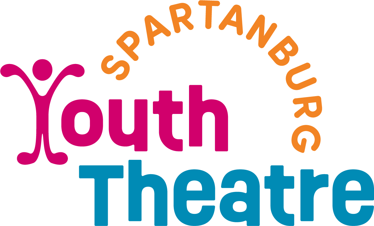 Logo for Youth Spartanburg Theatre with stylized human figure, the word "Youth" in pink, "Theatre" in blue, and "SPARTANBURG" in orange arching over the text.