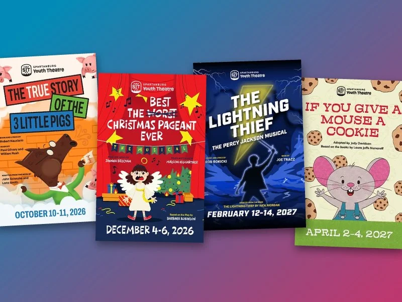 Four colorful posters for youth theater productions, with titles and dates: "The True Story of the 3 Little Pigs" (October 10-11, 2026), "Best Worst Christmas Pageant Ever" (December 4-6, 2026), "The Lightning Thief" (February 12-14, 2027), and "If You Give a Mouse a Cookie" (April 2-4, 2027).