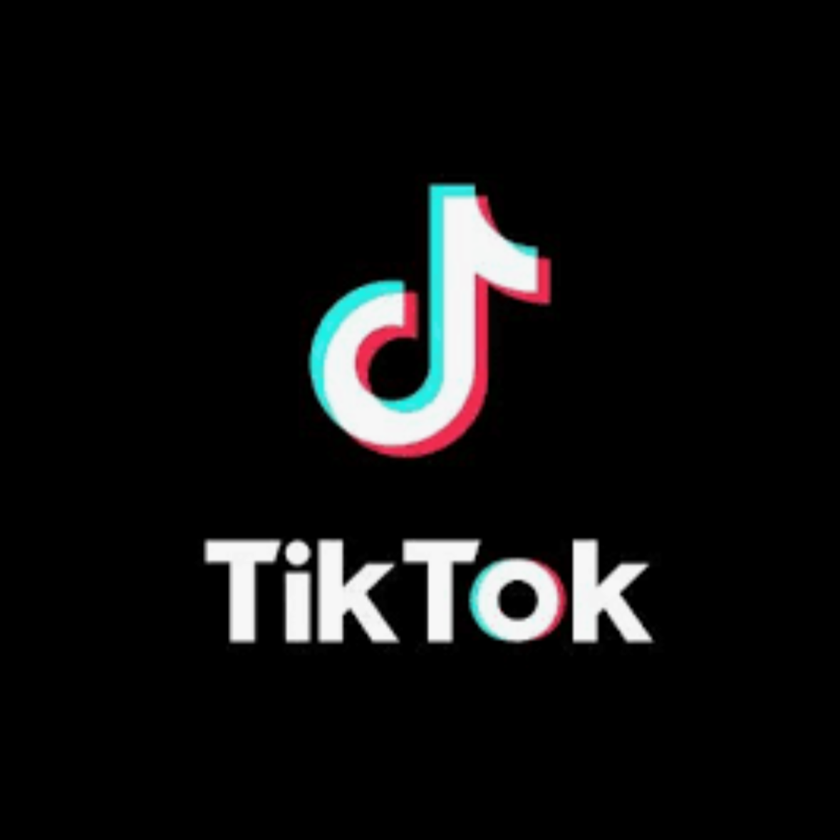Das Bild zeigt das TikTok-Logo auf schwarzem Hintergrund mit dem Schriftzug "TikTok" darunter, wobei der Buchstabe "o" in den Farben Cyan, Weiß und Rot erscheint.