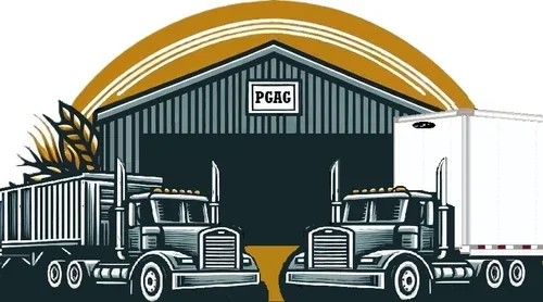 Two semi-trucks parked in front of a PGAC barn with wheat plants on the sides.