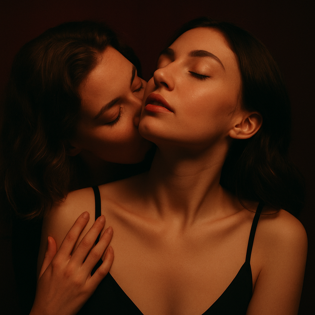 Two women with closed eyes, one kissing the other's cheek, both with dark hair and wearing black spaghetti strap tops against a dark background.