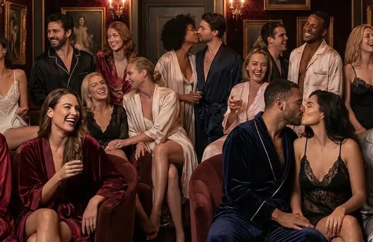 Group of people in pajamas at a party, with some couples kissing or talking, in a cozy, dimly lit room with portraits on the wall.