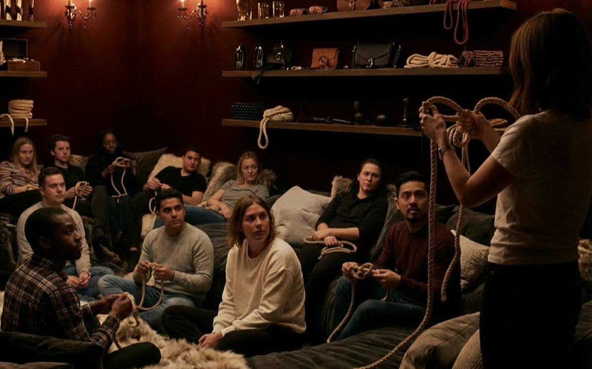 A woman giving a rope handling (Shibari) demonstration to a group of diverse adults sitting on a cozy couch in a dimly lit room with red walls and shelves holding rope, following along with the instruction.