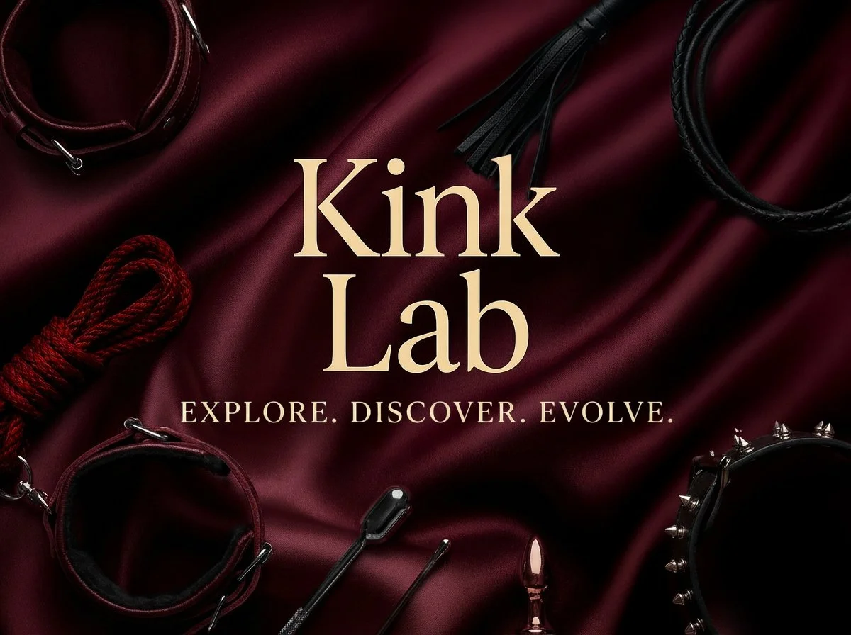 A promotional image for a kink event, featuring BDSM accessories on a dark red satin fabric. Items include a red rope, a leather collar, a blindfold, a riding crop, and a spiked collar. The text says "Kink Lab" and "Explore. Discover. Evolve.".