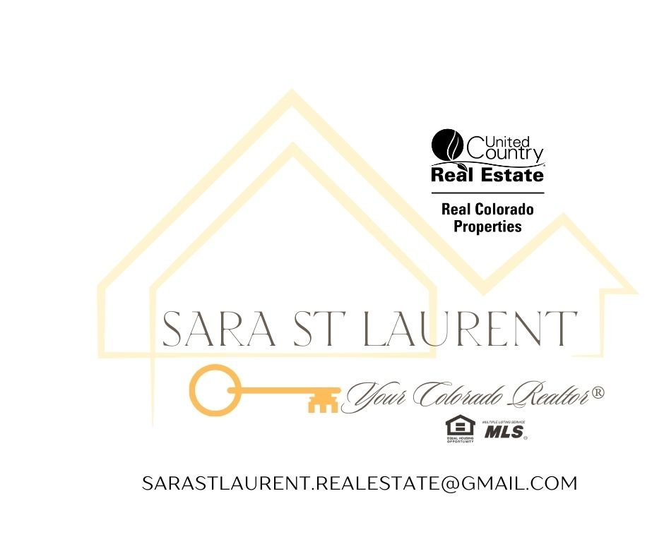 Real estate business card for Sara St Laurent, a Colorado real estate agent, with contact information, logos, and a house outline design.
