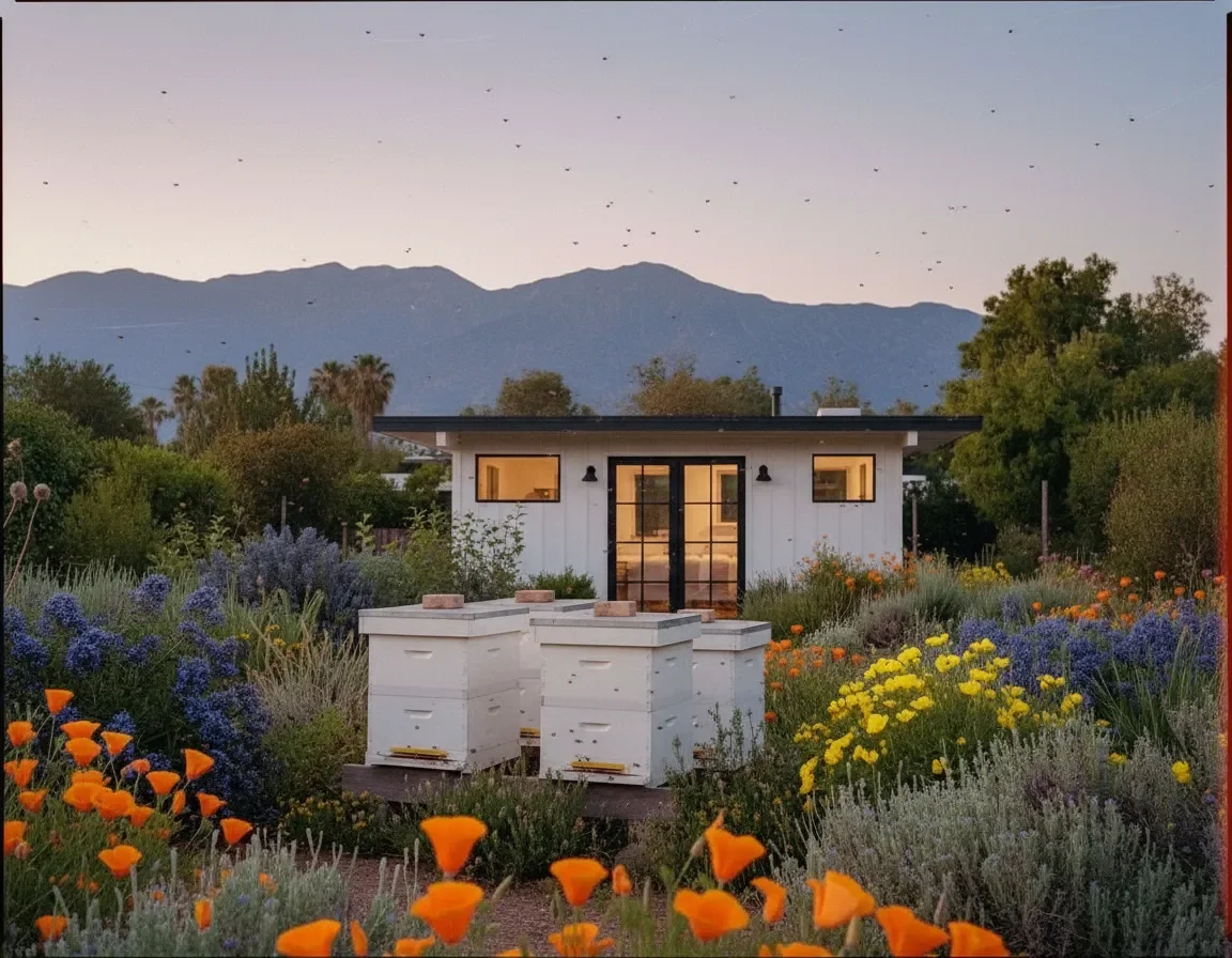 A small white house with large front windows, surrounded by a garden with orange, purple, yellow flowers, and three white bee hives in the foreground, set against a backdrop of mountains under a clear sky.