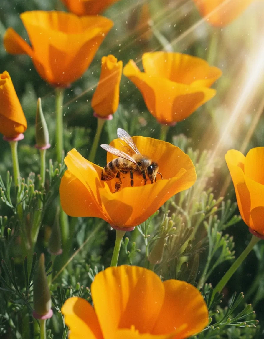 A bee collecting nectar from orange California poppy flowers in sunlight, with green foliage in the background.