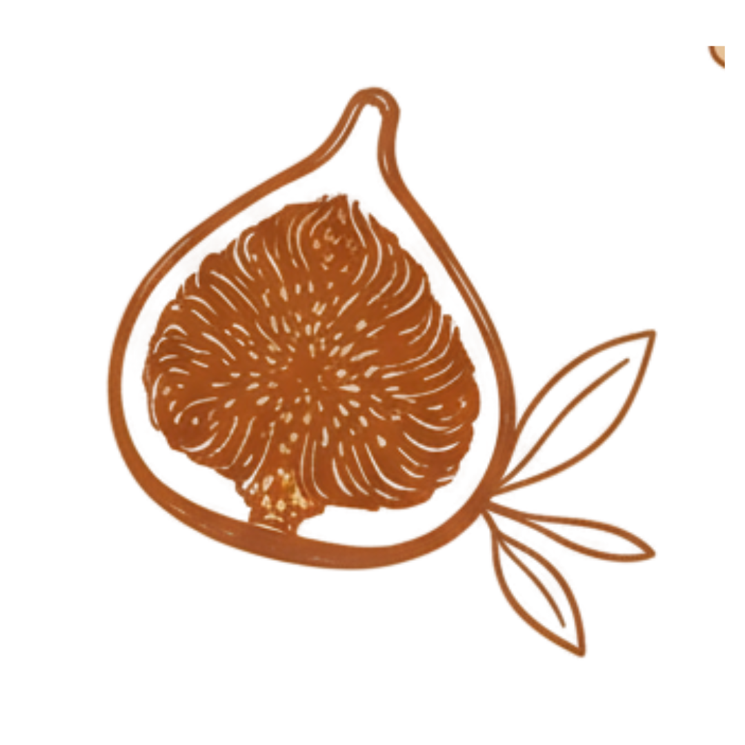 Illustration of a strawberry with a stylized, brown outline and details, including the stem and leaves.