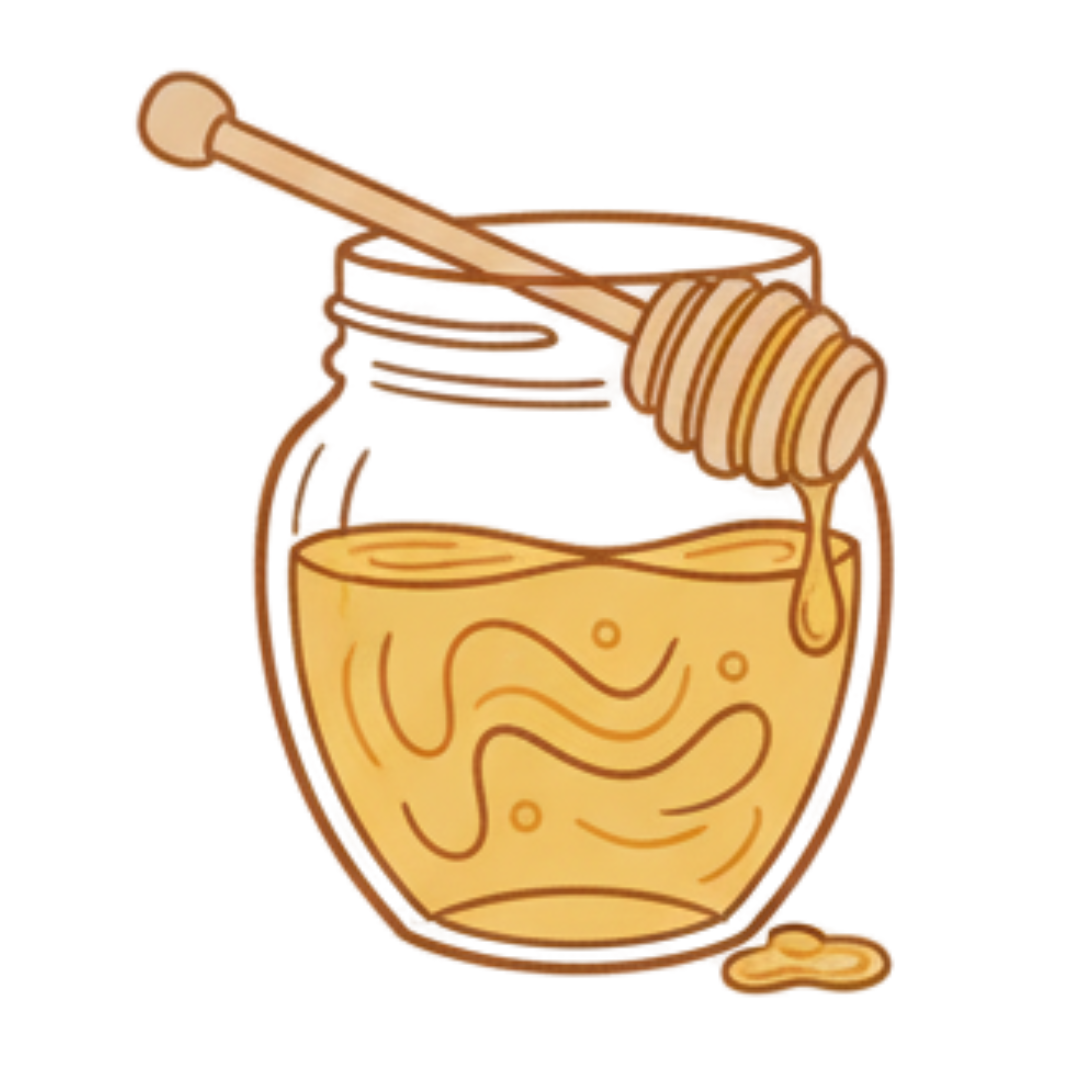 Illustration of a jar of honey with a honey dipper, with honey dripping from it.