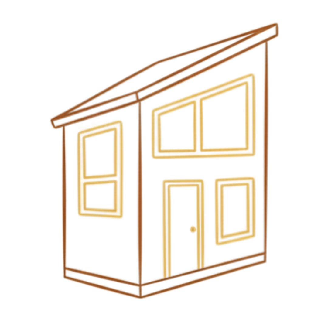 Neon outline of a house with windows and door.