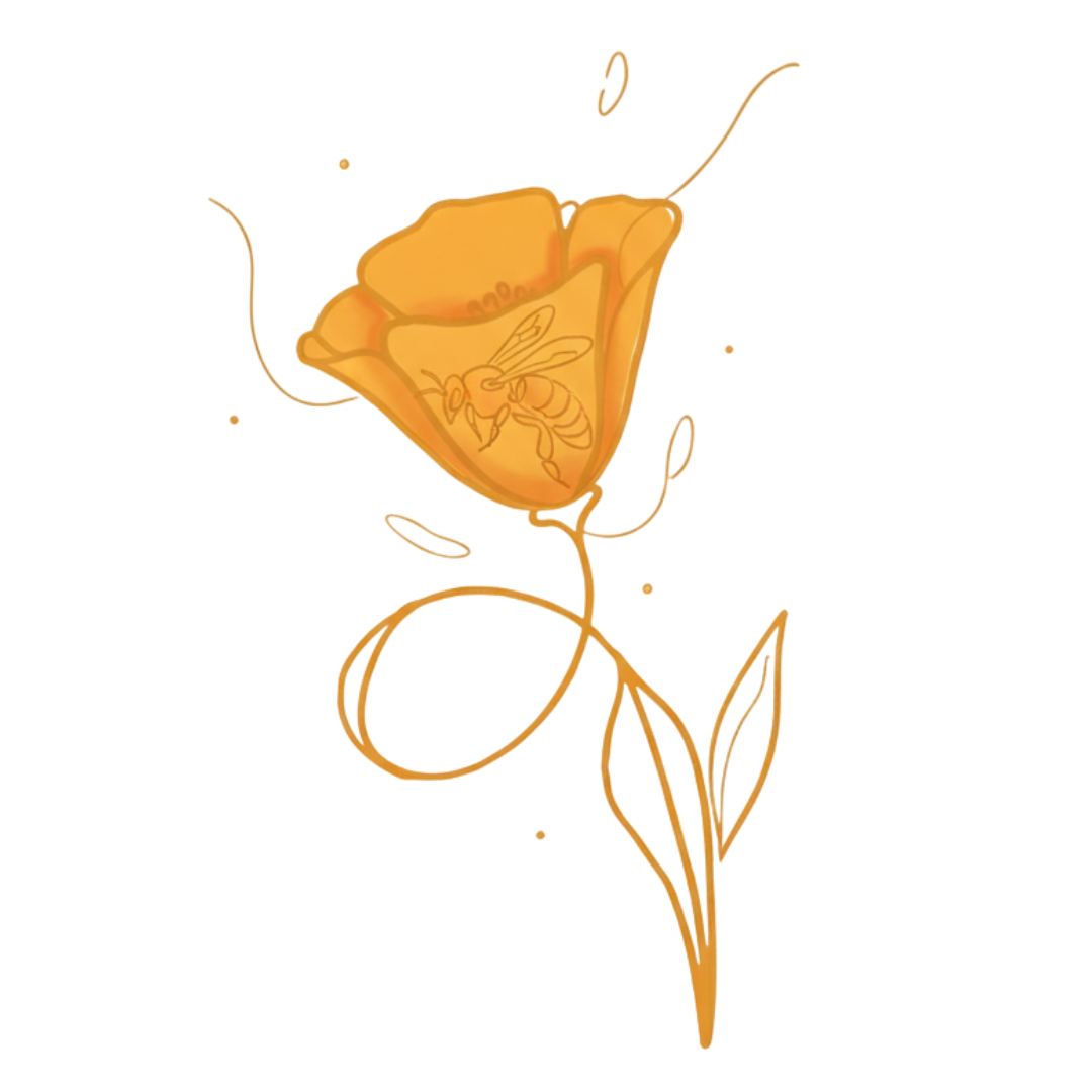 A stylized illustration of a yellow and orange flower with a bee drawing on its petals.