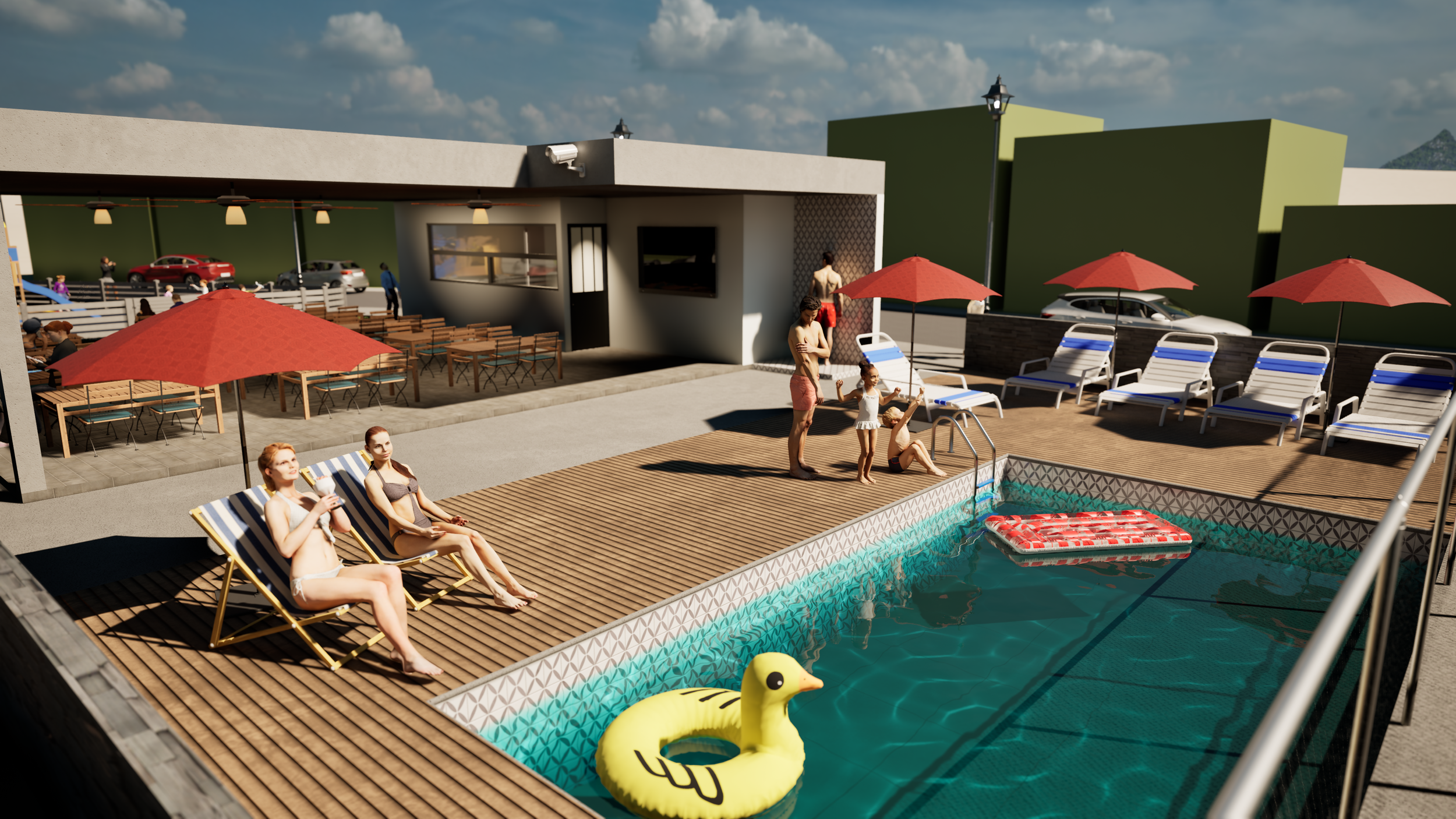 Personas en la piscina y en la zona de descanso con sombrillas rojas, niños en la piscina jugando con un inflable de pato, área al aire libre con sombrillas, camastros y un edificio con ventanas y estacionamiento visible.