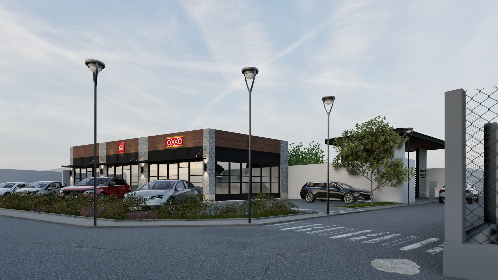 Vista frontal de una tienda OXXO con varios autos estacionados y un paso peatonal en primer plano, rodeada de áreas verdes y farolas.