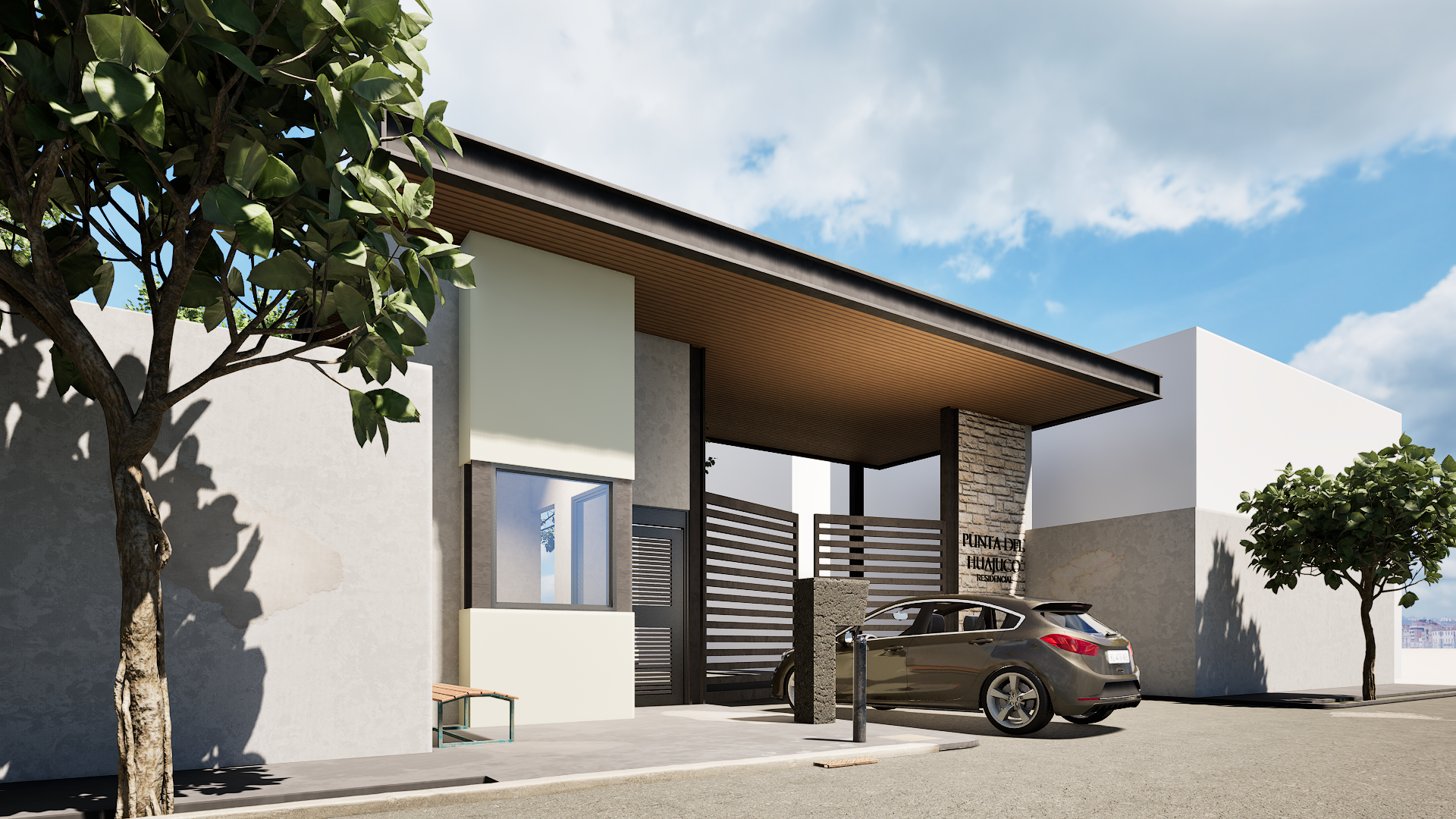 Entrada de una residencia moderna llamada Punta del Huajuco con coches estacionados y áreas verdes.