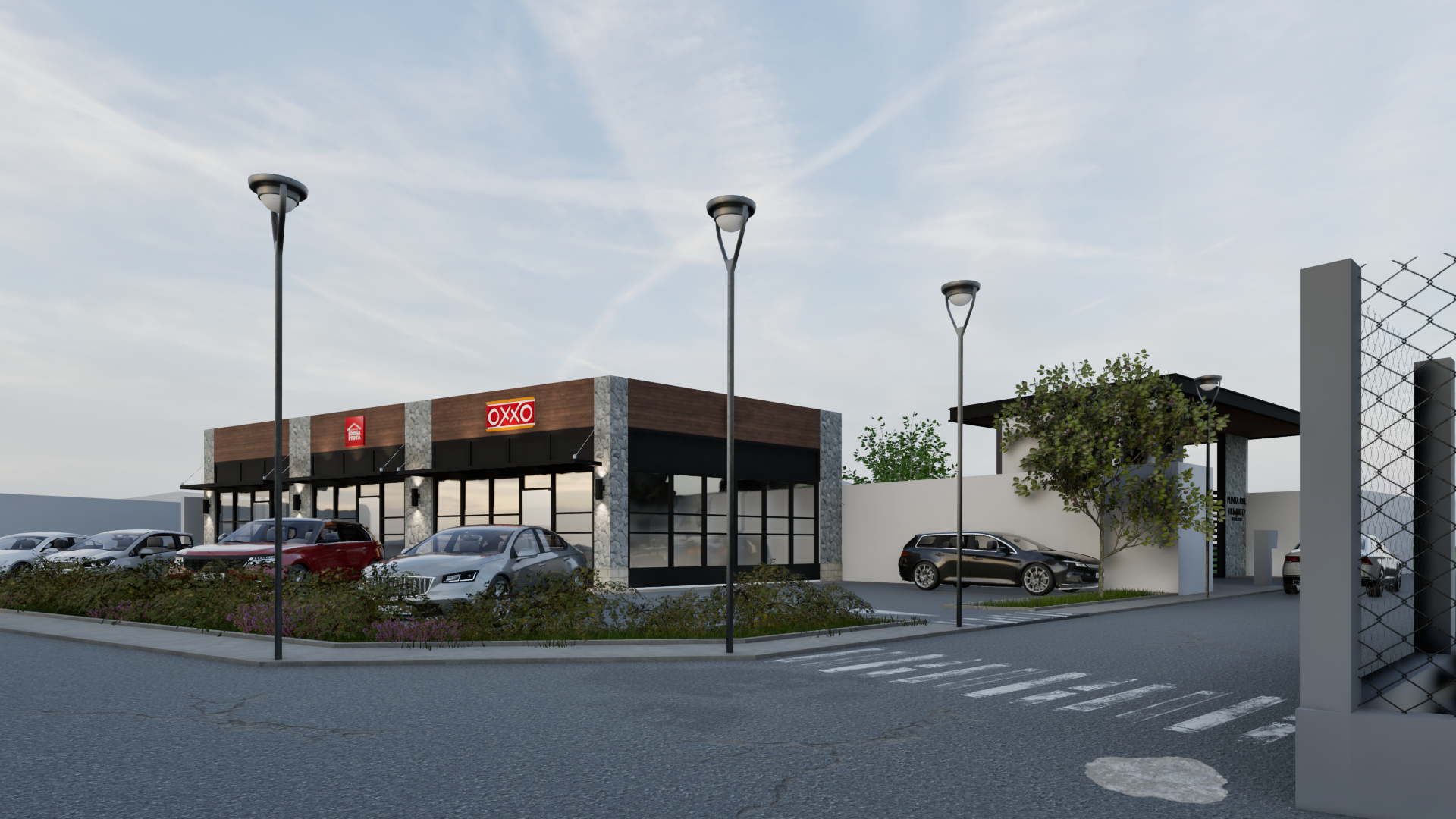 Vista frontal de una tienda OXXO con varios autos estacionados, un área con árboles y un acceso peatonal, en un entorno urbano