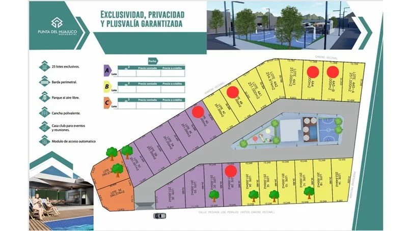 Plano de desarrollo inmobiliario con lotes exclusivos, áreas verdes, parque en libre acceso, piscina y casa club, marcado con diferentes colores y símbolos. Títulos en español que indican privacidad, exclusividad y servicios disponibles.