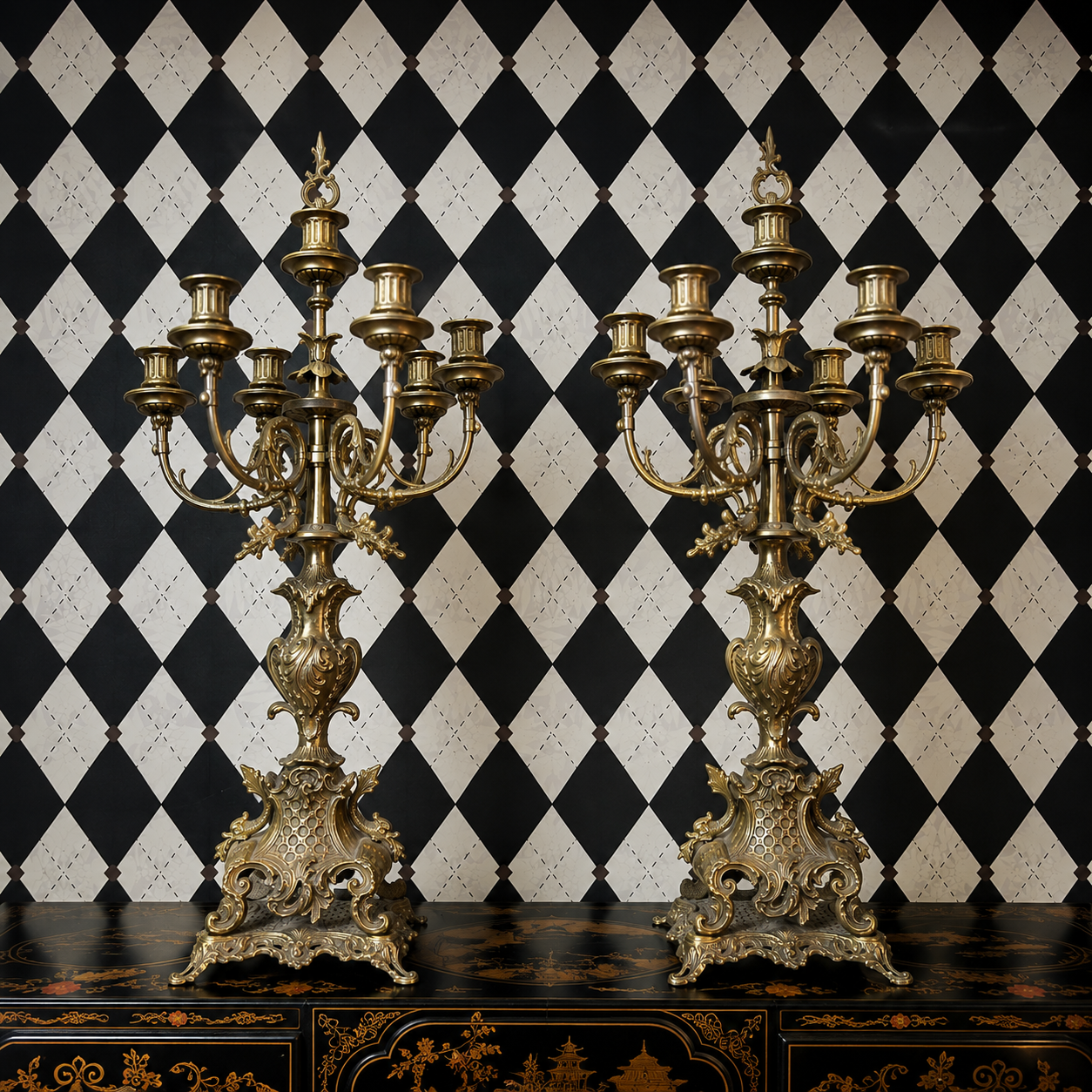 Pair Tall Rococo Brass Candelabras – 28"H Heavy Cast Brass Candlesticks