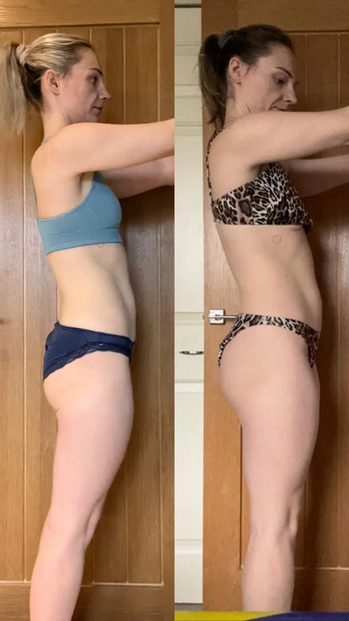 Side-by-side comparison of a woman before and after a physical transformation, standing against a wooden wall, in underwear, showing a slimmer profile in the after photo.