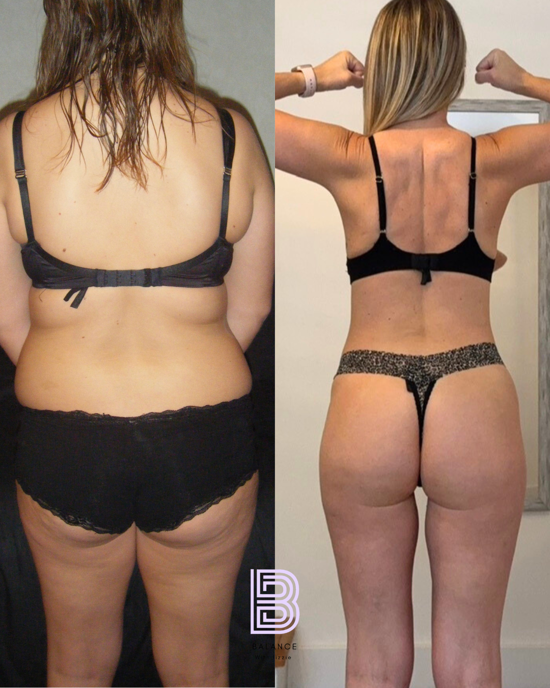 Side-by-side comparison of a woman's back before and after fitness transformation, showing weight loss and muscle toning.