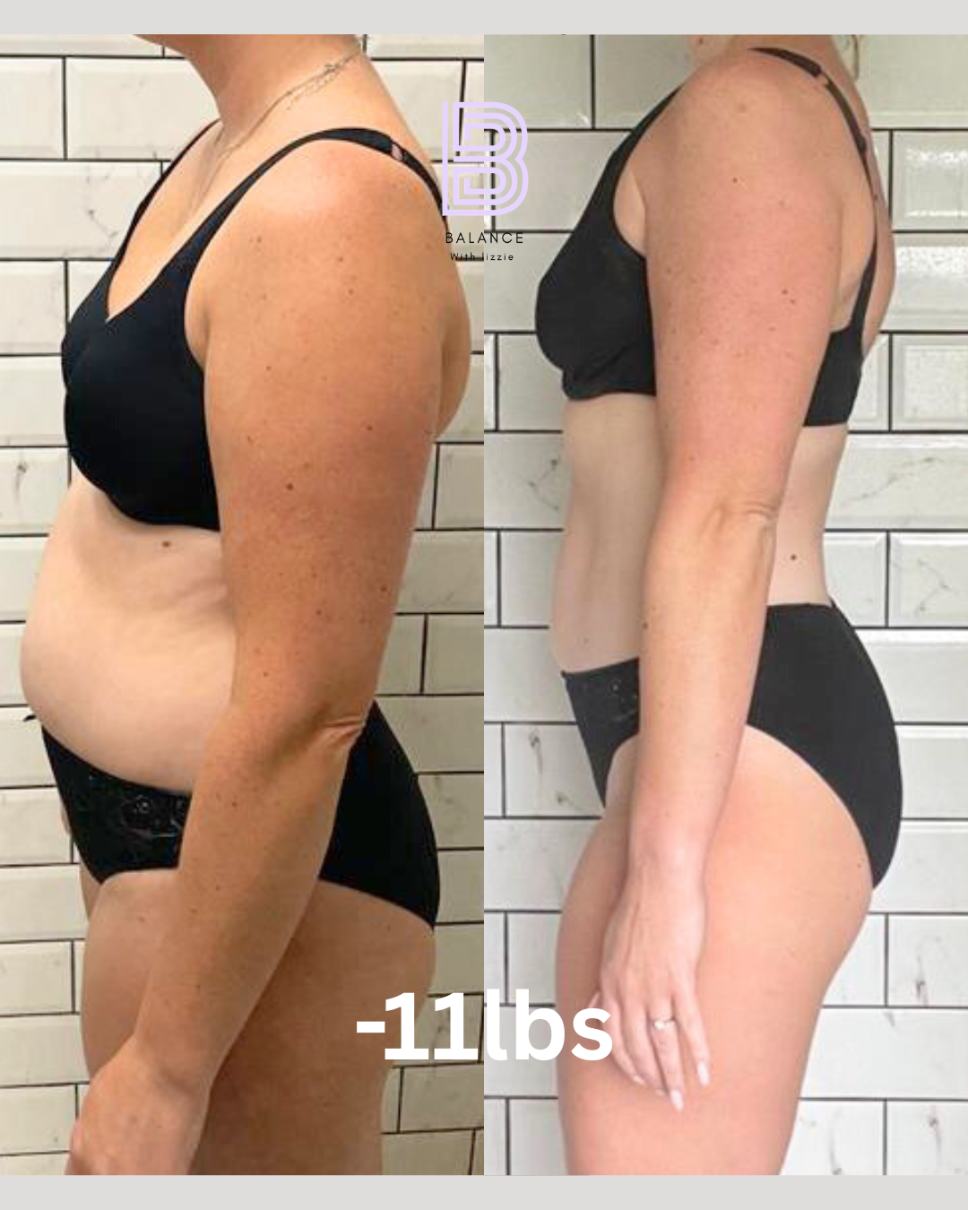 Before and after side-by-side photos of a woman showing weight loss of 11 pounds, wearing black sports bra and black shorts, standing against a tiled wall.