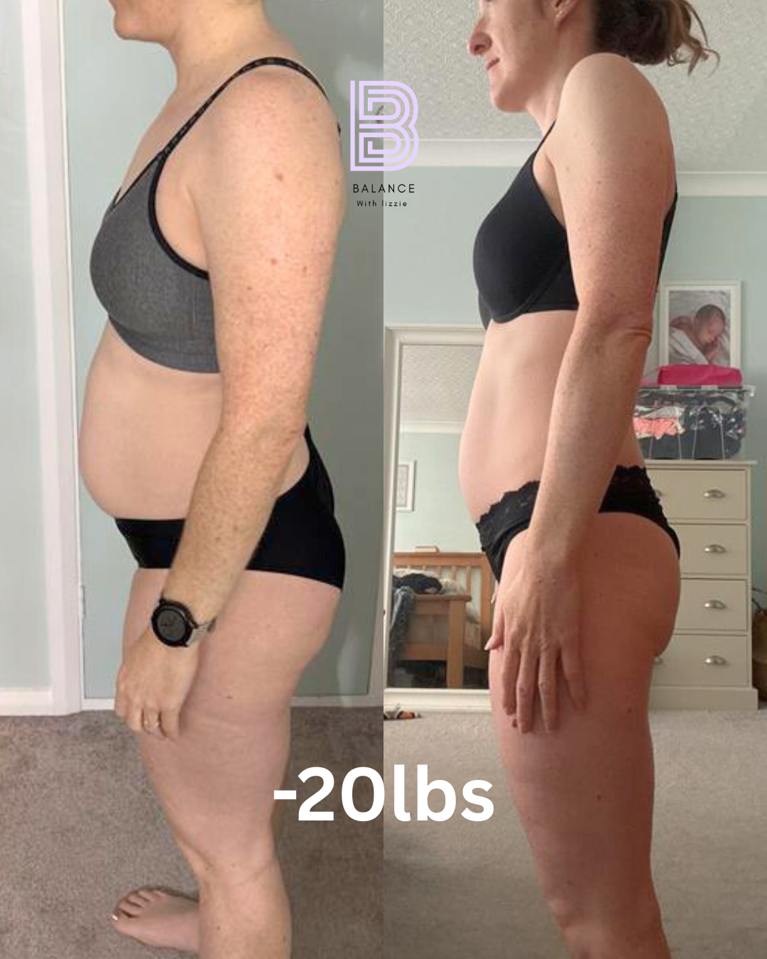 Side-by-side comparison photo of a woman before and after losing 20 pounds, showing significant weight loss on her stomach, arms, and face.