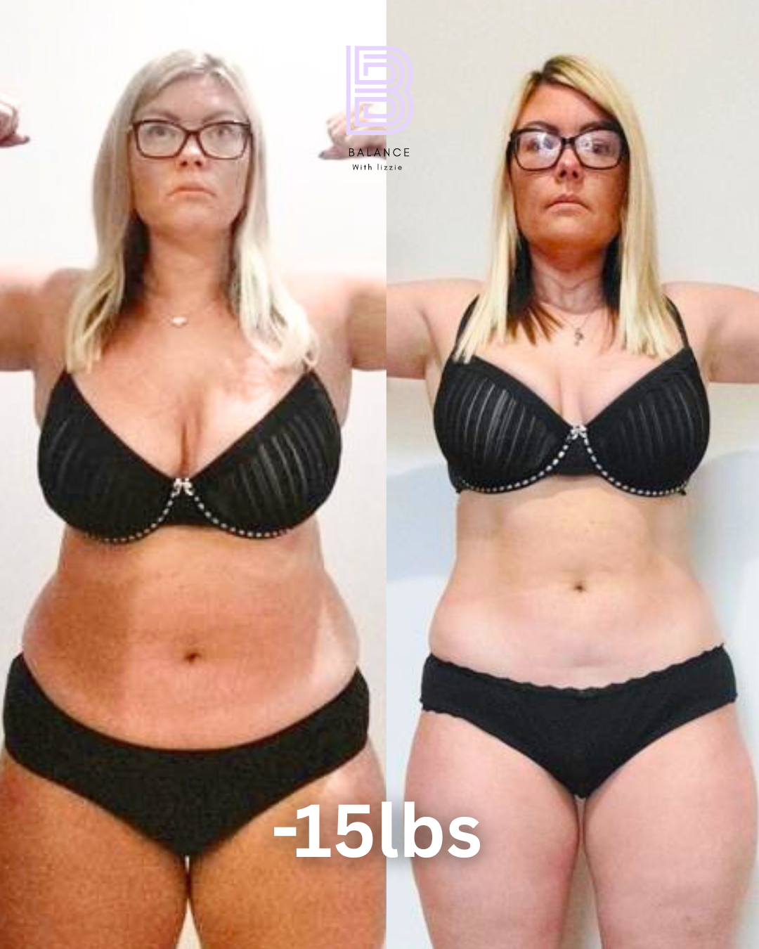 Side-by-side before and after photos of a woman showing weight loss, with text indicating a 15-pound reduction.