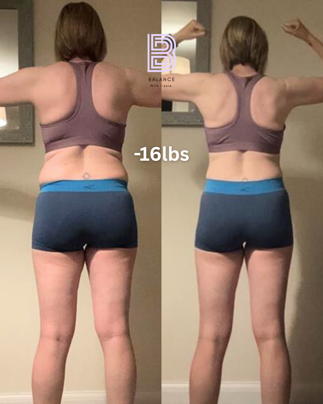 Side-by-side comparison of a woman before and after losing 16 pounds, showing back and arm muscles, wearing purple sportswear and blue shorts, in a home setting.