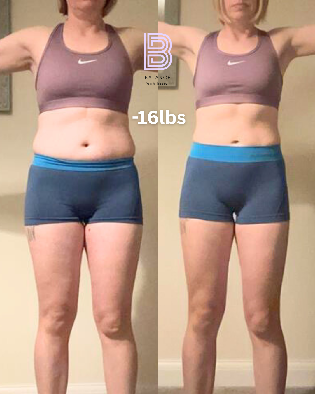 Side-by-side photos of a woman before and after losing 16 pounds, showing her transformation in fitness, wearing workout clothes, with her arms raised in both pictures.