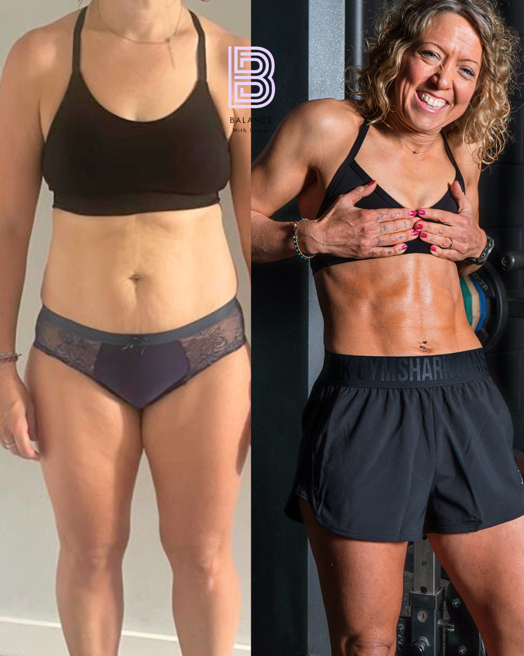 Side-by-side images of a woman before and after fitness transformation, showing improved muscle tone and reduced body fat.