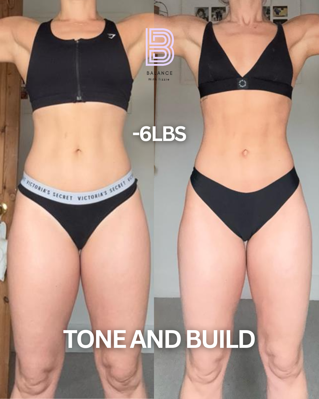 Side-by-side comparison of a woman before and after weight loss, showing a six-pound reduction in body weight. The woman is wearing black sports bras and black underwear in both images, with her arms raised to show muscle tone and body shape.