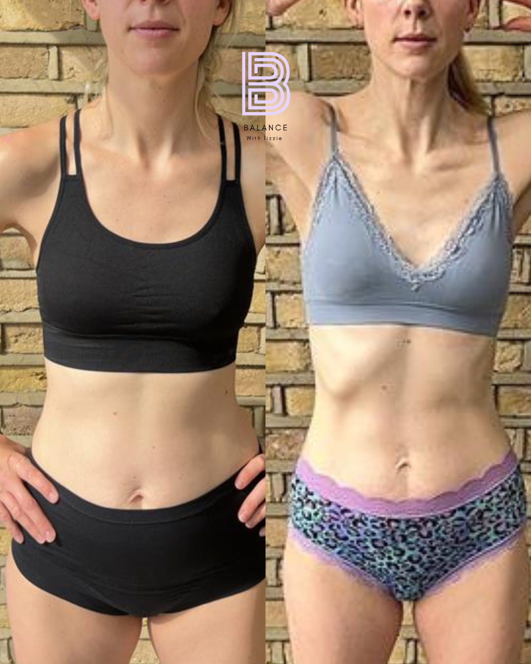 Side-by-side comparison of a woman before and after a fitness transformation, showing slimmed waist and toned abdominal area.