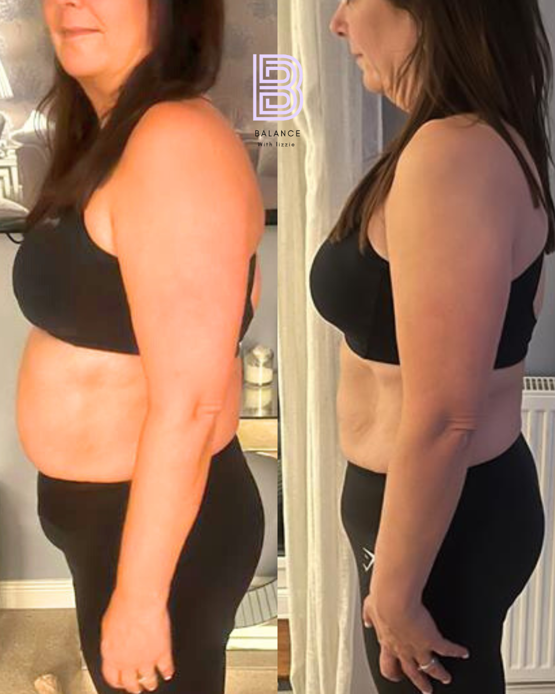 Side-by-side comparison of a woman before and after weight loss, wearing a black sports bra and black pants, showing reduced body size and a flatter stomach.