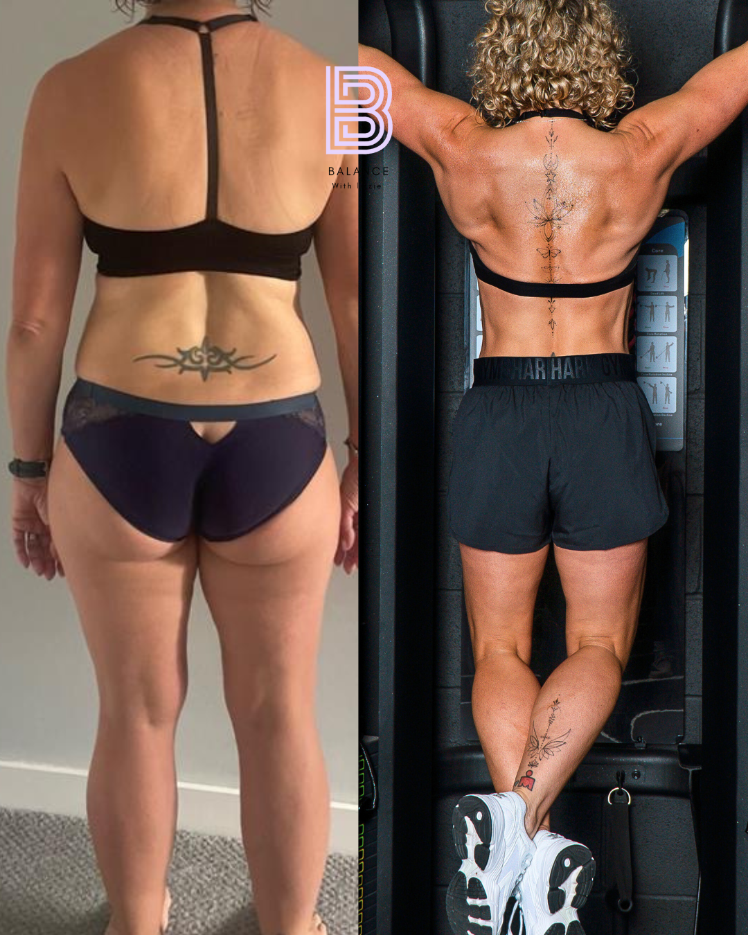 Side-by-side photos of women before and after fitness transformation, showing increased muscle tone and definition, tattoos on backs and legs, wearing workout attire.
