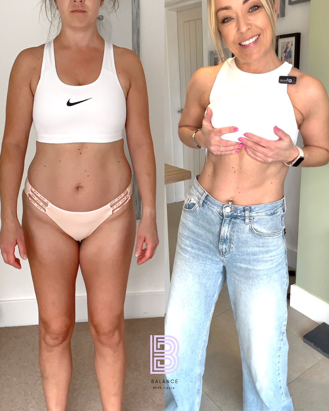 Side-by-side comparison of a woman before and after a fitness journey, showing changes in body shape and muscle tone, with the woman smiling in the after photo.